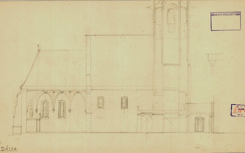 Sztehlo Ottó: Székelydálya, református templom, hosszmetszet. Ceruza, rajzpapír, 1912. MÉM MDK, Tervtár, ltsz. K 3823