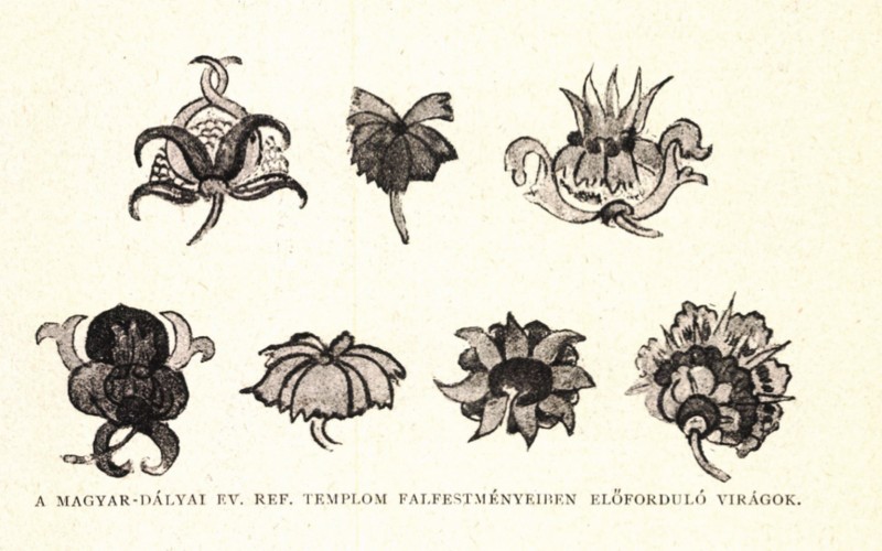 Huszka József: Virágmotívumok a székelydályai falképeken. Forrás: Huszka 1888, 51