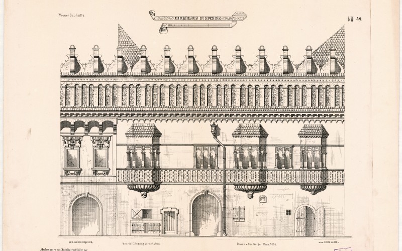 Eperjes, Rákóczi-ház: főhomlokzat (MÉM MDK, Műemlékvédelmi Dokumentációs Központ, Tervtár, ltsz. K 2131) 