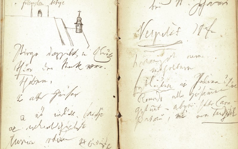 A kolozsvári Szent Mihály-templom rajza Rómer Flóris jegyzetfüzetében, 1864. MÉM MDK, Tudományos Irattár, Rómer-jegyzőkönyvek, XIV. 72–73.