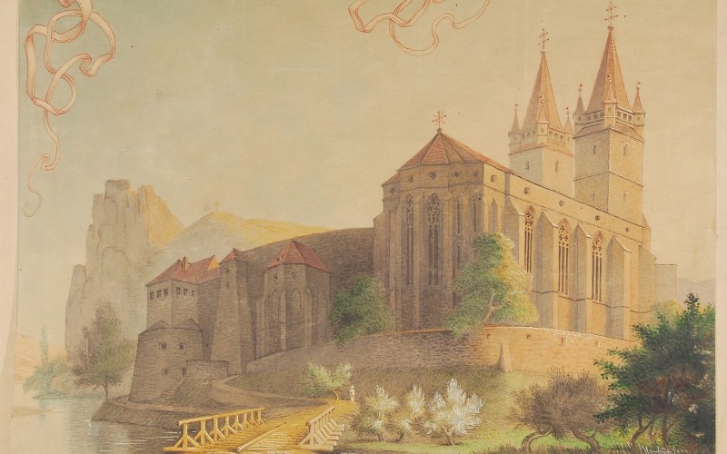 id. Storno Ferenc: Garamszentbenedek, bencés apátsági templom, távlati kép északkelet felől, 1881 (MÉM MDK, Műemlékvédelmi Dokumentációs Központ, Tervtár, ltsz. K 1495)