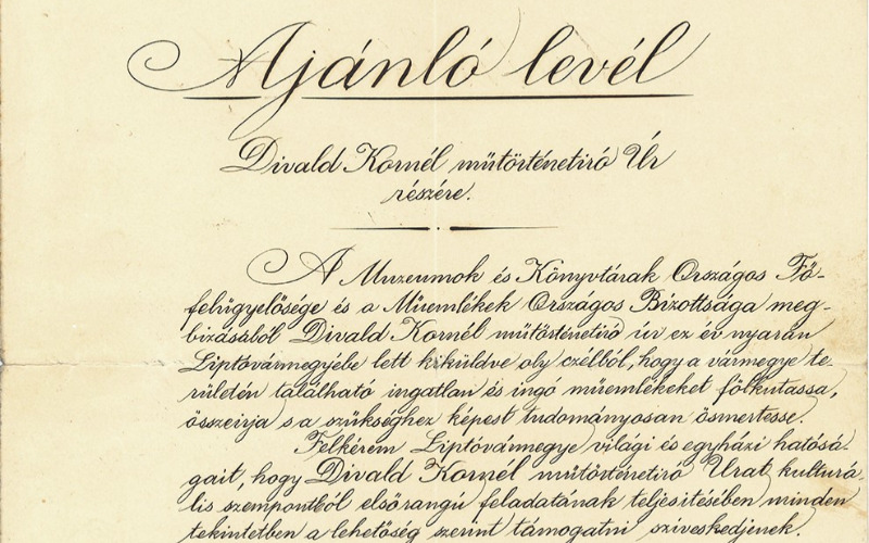 Divald Kornél megbízása a Lipót vármegyében található ingó- és ingatlan műemlékek felkutatására, összeírására. Lymbus, Divald Kornél-hagyaték, ltsz. K 1626/12.