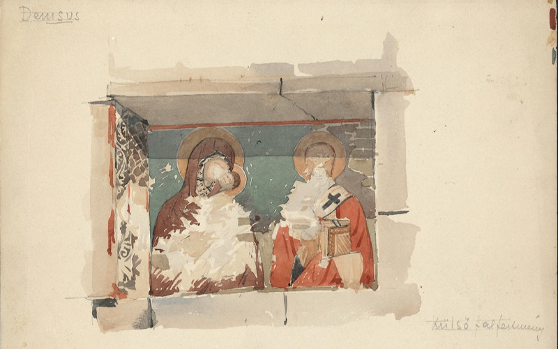Demsus, ortodox templom, a külsőn feltárt falképek, 1889. Lymbus, Möller István-hagyaték, ltsz. K 142/5. 