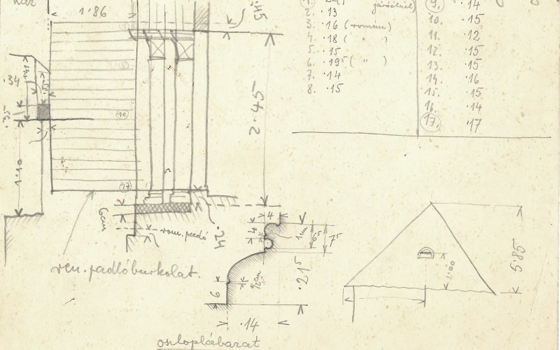 Várnai Dezső levelezőlapja Lux Kálmánnak, hátoldalán az esztergomi királyi kápolna kapujához vezető lépcső és oszloplábazat rajzával, 1935. Lymbus, Várnai Dezső-hagyaték, ltsz. K 322/1.
