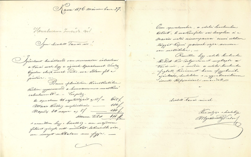 Myskovszky Viktor levele Henszlmann Imrének. Kassa, 1876. március 27. Lymbus ltsz. K 1907/3/1.