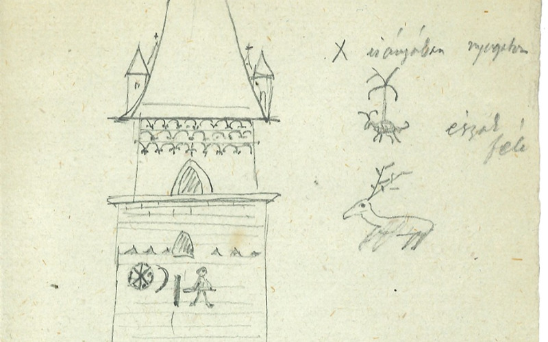A csíkrákosi templom tornya délről. Lymbus, Rómer Flóris-hagyaték, ltsz. K 616/2.