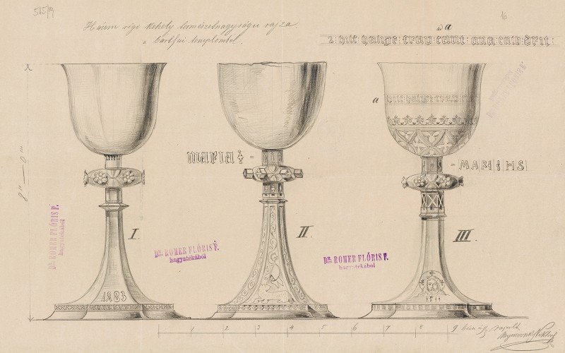 Myskovszky Viktor: három kehely rajza a bártfai templomból. Lymbus, Rómer Flóris-hagyaték, ltsz. K 515/19.