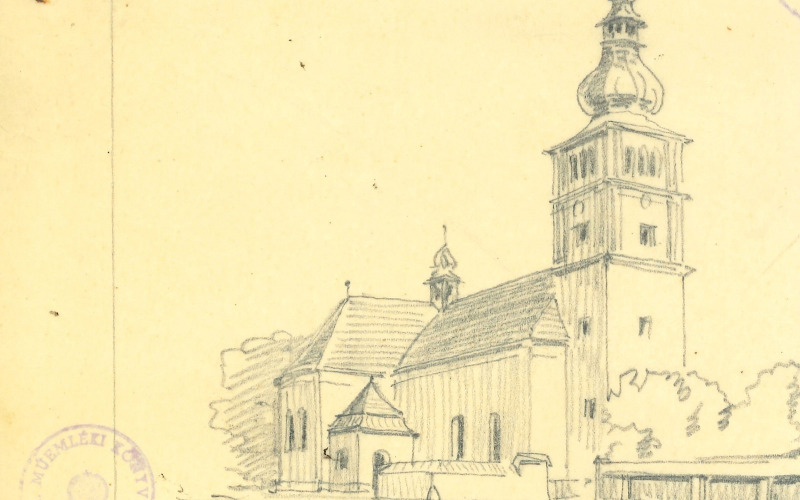 Liszkófalu, r. k. templom. Schulek János rajza a templom bővítéséről, 1918. Lymbus, Schulek János-hagyaték, ltsz. K 702/3.