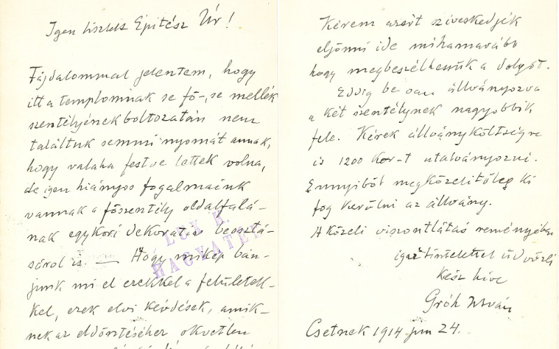 Gróh István levele Lux Kálmánhoz a csetneki falképek feltárásáról és restaurálásáról. Csetnek, 1914. június 24. Lymbus, Lux Kálmán-hagyaték, ltsz. K 1675/52.