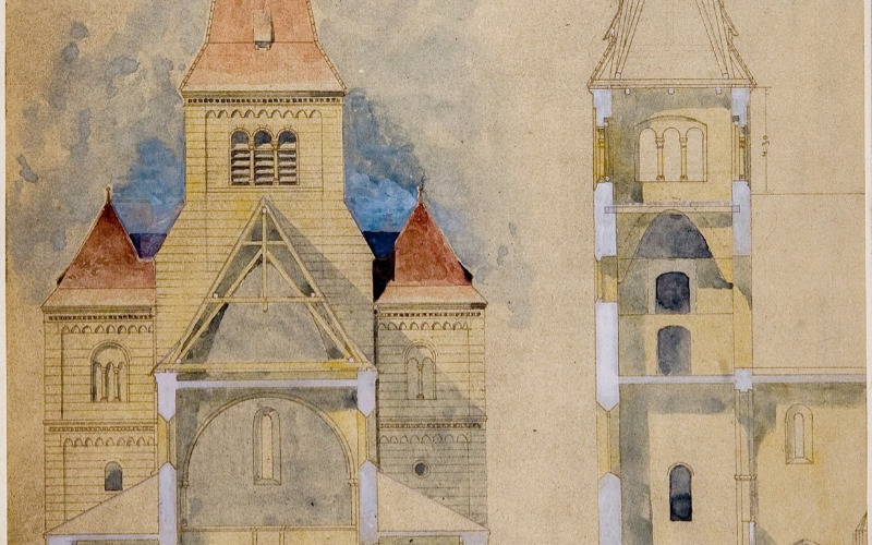 Sztehlo Otto főhomlokzati torony terve, metszetek. 1914. MÉM MDK Tervtár, ltsz. R 4200.