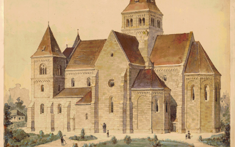 Sztehlo Otto négyezeti torony terve, délkeleti nézet. 1914. MÉM MDK Tervtár, ltsz. R 4202.