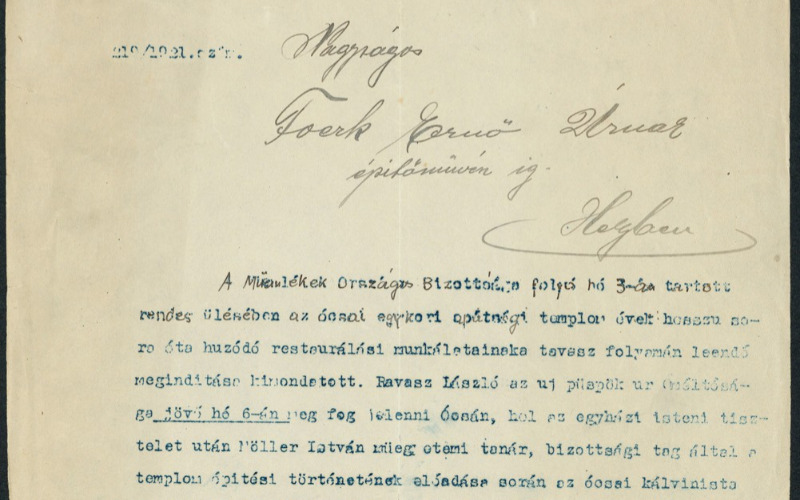 MOB levele Foerk Ernőnek, amelyben meghívják az ócsai ünnepségre, amelyet az építkezés megkezdése okán tartottak. MÉM MDK Tudományos Irattár, Lymbus, ltsz. K 2018.