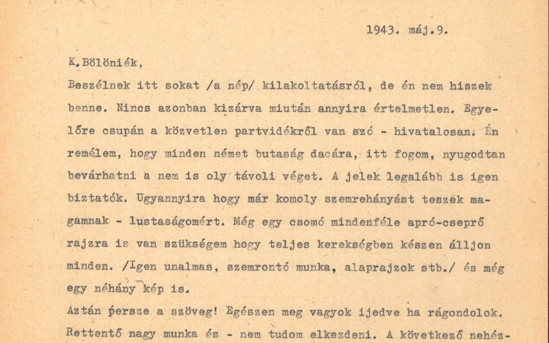 A Magyar Építészeti Múzeum elsőnek leltározott dokumentuma, Vágó József levele Bölöni Györgynek 1943-ból. Leltári szám: 68.01.01.