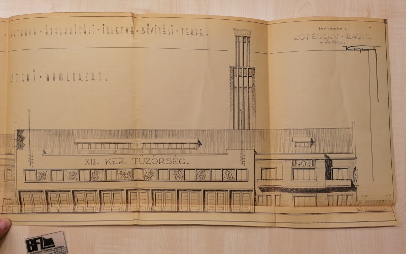 A XIII. kerületi tűzoltó laktanya ugyancsak Kopeczky jegyezte tervei 1940-ből. Budapest Fővárosi Levéltár, HU BFL XV.17d 329/041361. Fotó: Kovács Dániel