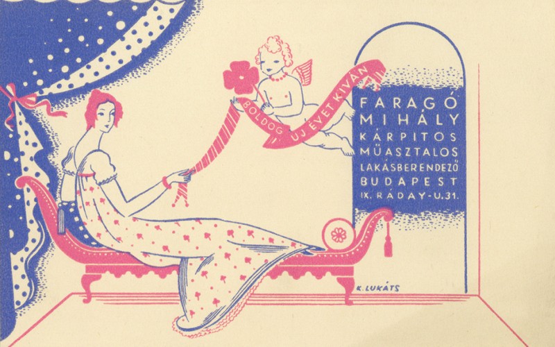 Lukáts Kató: Faragó Mihály lakberendező újévi üdvözlete, 1930-as évek második fele © Magyar Építészeti Múzeum és Műemlékvédelmi Dokumentációs Központ