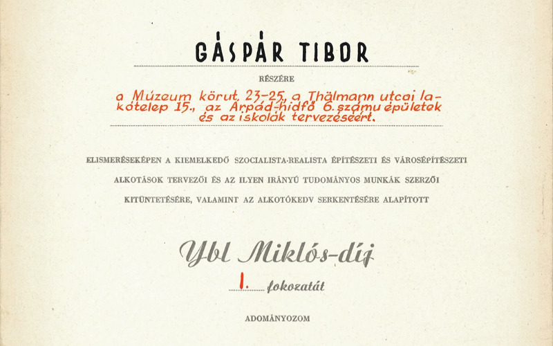 Gáspár Tibor Ybl Miklós-díjának oklevele