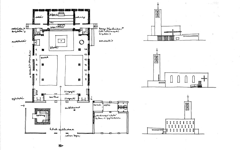 Pestszentlőrinc-Erzsébettelep félbemaradt templomához készített befejezési terv, 1950-es évek. Fotómásolat, Polónyi Károly hagyatéka, MÉM MDK