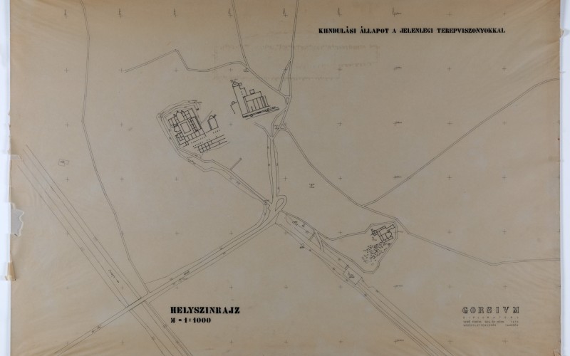 Sebő Ferenc: Gorsium, helyszínrajz, kiindulási állapot a jelenlegi terepviszonyokkal, 1970. MÉM MDK Múzeumi Gyűjtemény