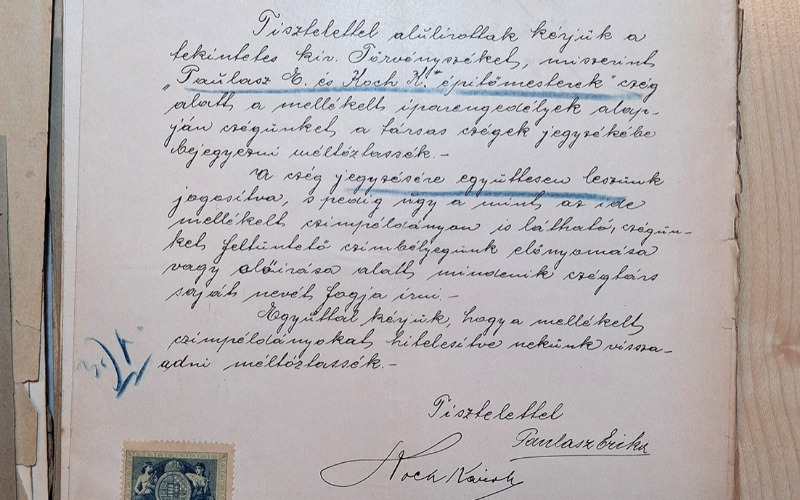 Paulas Erika és Koch Károly cégbejegyzési kérelme 1902-ből. Budapest Főváros Levéltára, HU BFL – VII.2.e. – 00043 – 1902. Fotó: Kovács Dániel