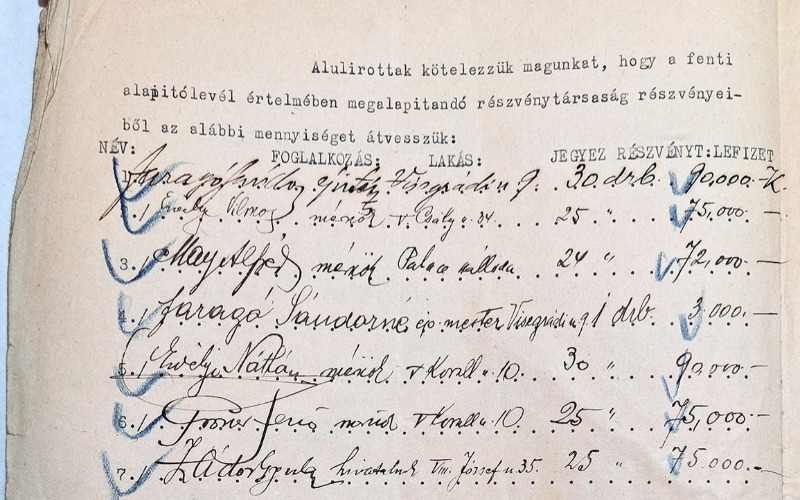 Az első részvényesek listája a Planum Építő Rt. létrehozásakor – Erdélyi Szerén a harmadik a sorban. HU BFL – VII.2.e. – 19020 – 1923, fotó: Kovács Dániel