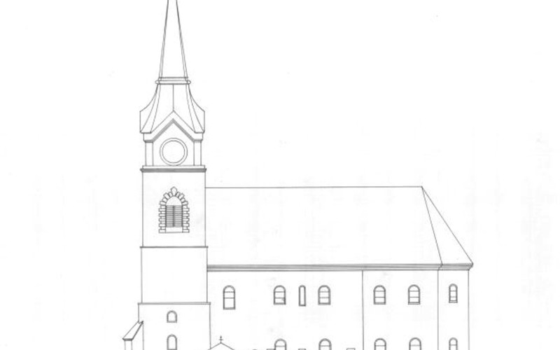A templom déli homlokzata. BME Építészmérnök hallgatók nyári városfelmérései (XIV.b.), 1993. MÉM MDK, Tervtár, ltsz. 36973D