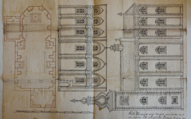 A templom részben megvalósult átépítési terve. Johannes Francz eperjesi mester, 1714., 1747. Archivum Archidioecesis Cassoviensis (Arcbiskupský Archív v Košicich/ Kassai Érseki Levéltár) Košické biskupstvo (Kassai Püspökség iratai)